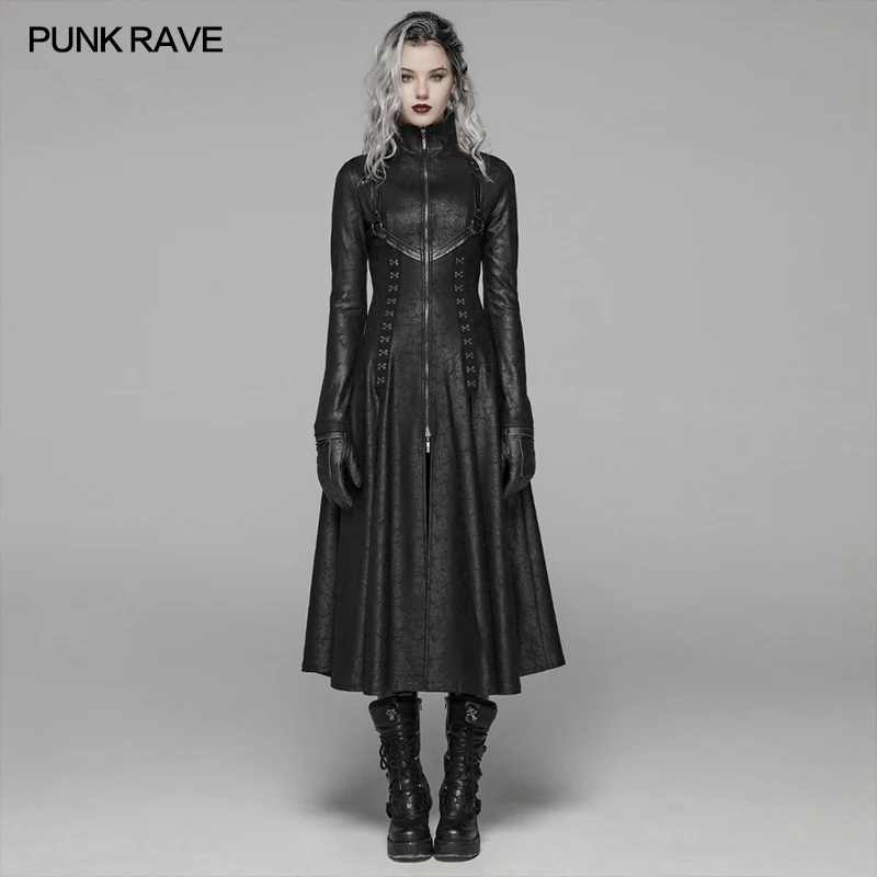 PUNK RAVE Women Dark Punk Black Faux Leather Long Coat Slim Fit Gothic A-Line Maxi Jacket with Lace-Up Details WY1065