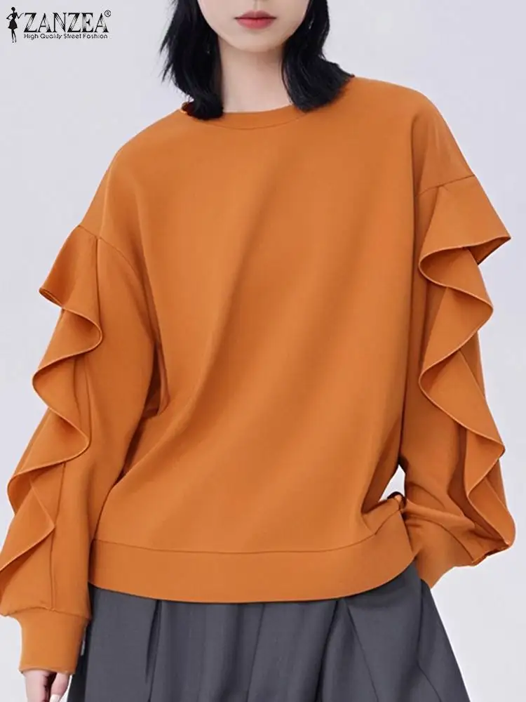 

ZANZEA Fashion Long Sleeve Round Neck Pullover Women Solid Sweatershirts 2024 Autumn Ruffled Stitching Hoodies Casual Loose Tops