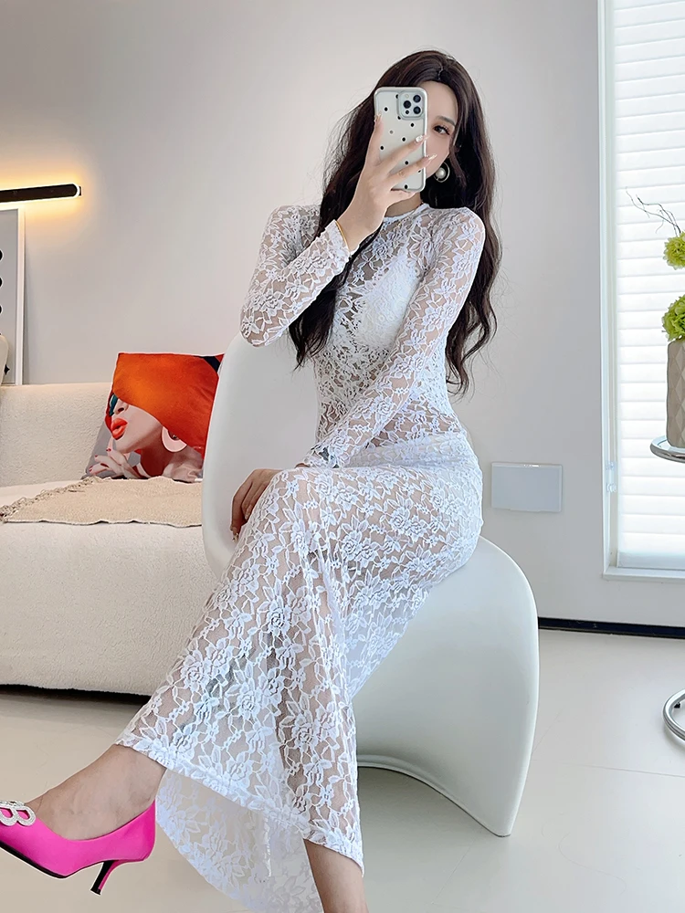 

Sexy Fashionable Lace Thin Spring Autumn Long Sleeve Wrap around Skirt Dress Women Elegant Slimming Long Dress Polyester Spandex