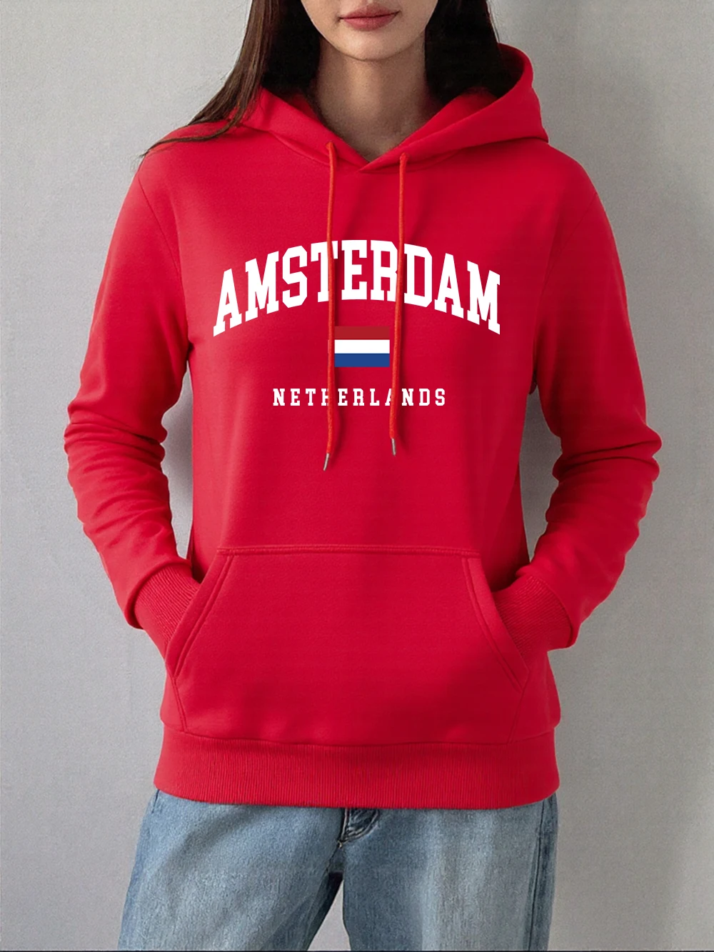 

Толстовки с принтом флага Амстердама Нидерландов, женские зимние флисовые пуловеры, базовый свитшот с карманами, повседневная удобная женская одежда