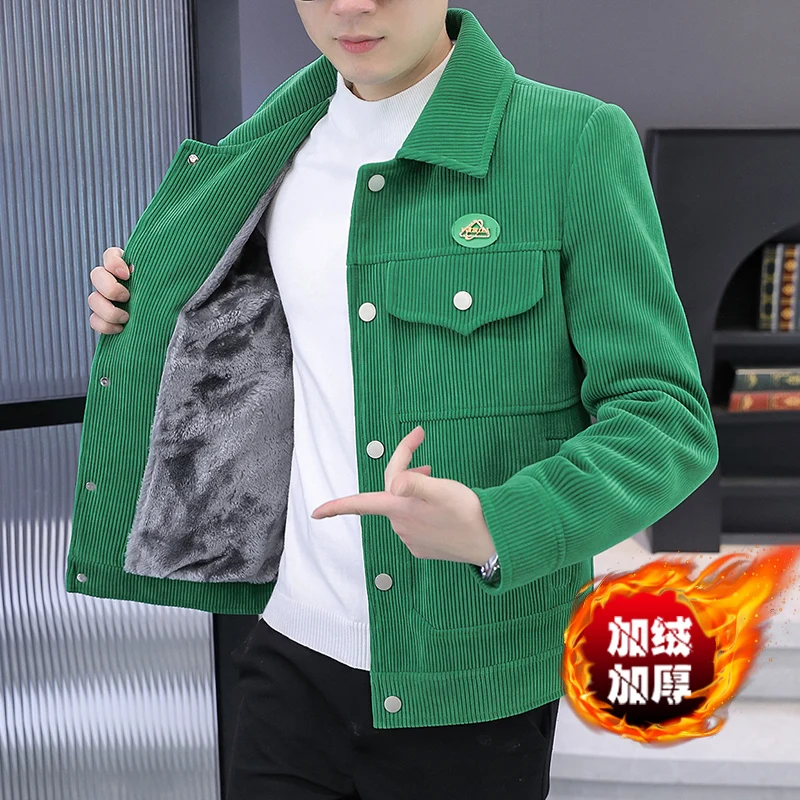 

Autumn Winter Warm Plush Thick Jacket Men Striped Corduroy Casual Business Jacket Single Breasted Social Streetwear Coat M-4XL