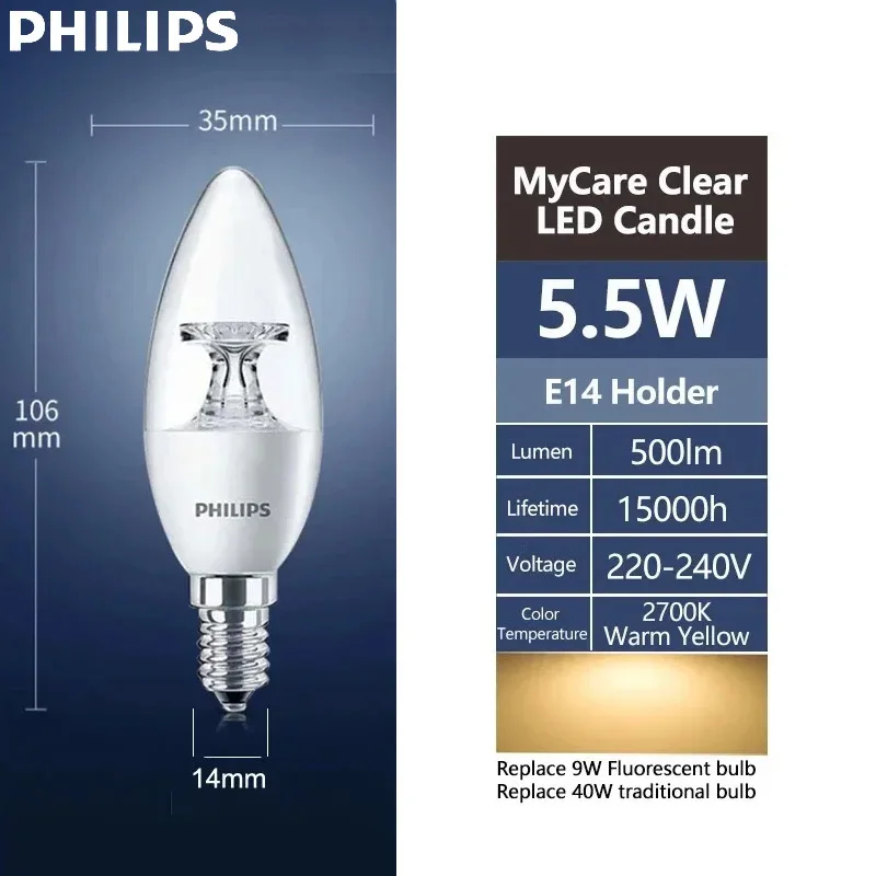 Philips MyCare Series Comfort Lighting B35 Clear LED Candle Light Bulb E14 Base 5.5W Option 2700K Warm White AC