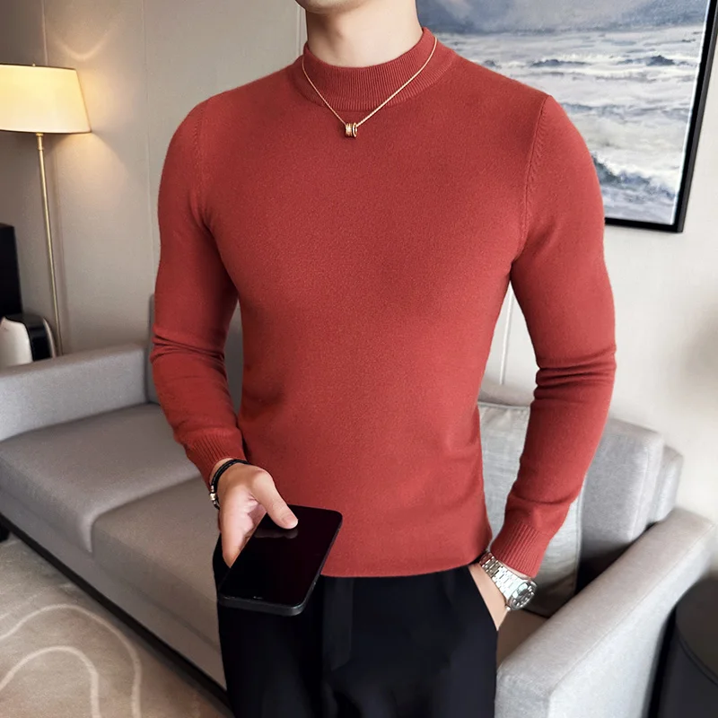 

Pull Homme, осенне-зимний новый однотонный вязаный мужской свитер с длинными рукавами, облегающий повседневный свитер с высоким воротником, мужская одежда