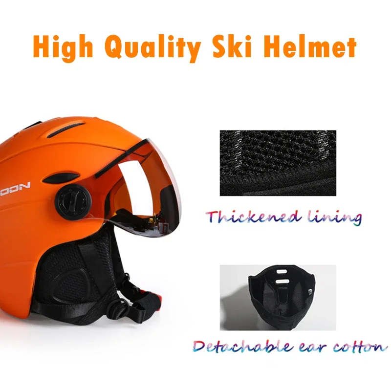 MOON High Quality Winter Skiing Helmet PC+EPS Safety CE Casco Outdoor Sports Skateboard Helmet with Goggles for Men Women Orange