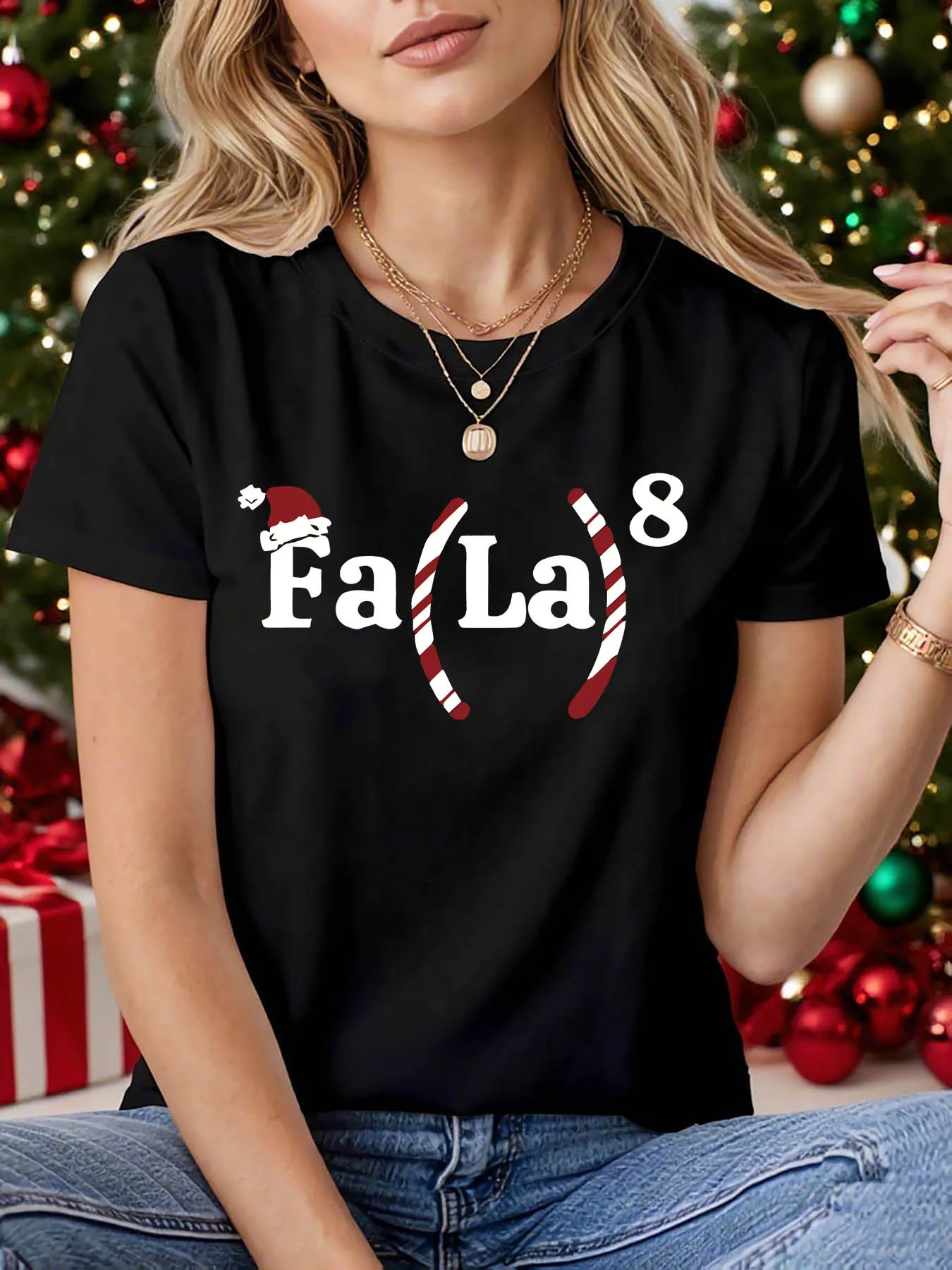 Women's Christmas Fa-La Letter Print T-Shirt Black with Red Accent Harajuku Sleeve Casual Clothing Street Tops Aesthetic Clothes