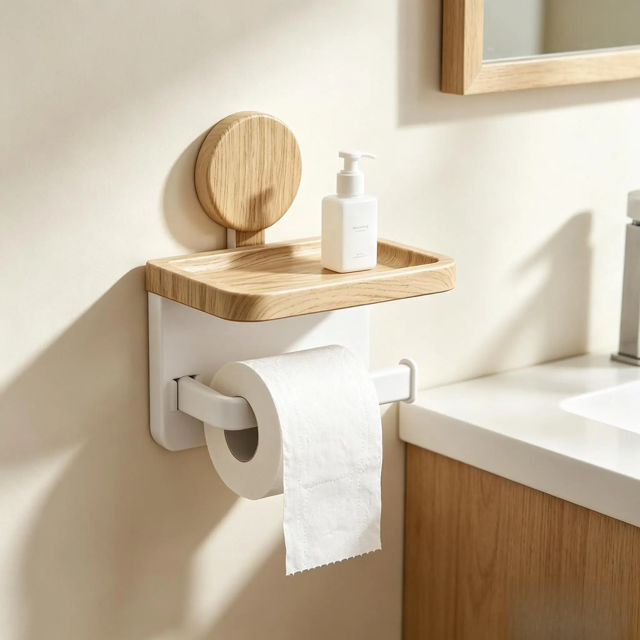 No‑Drill Self‑Adhesive Wall‑Mounted Paper Towel Holder with Wood‑Grain Storage Shelf, Multifunctional Kitchen & Bathroom Tissue Roll Rack, Space‑Saving Wall Organizer
