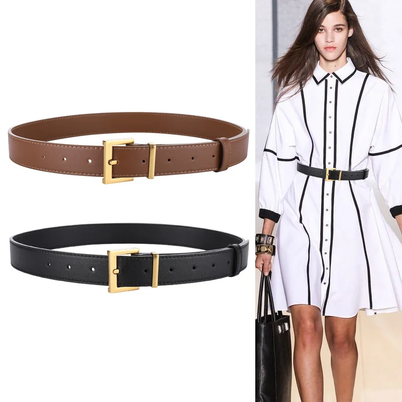 Gold Square Buckle Genuine Leather Belts Simple Solid Color Waistband Casual Jeans Pants Belts For Women Girls