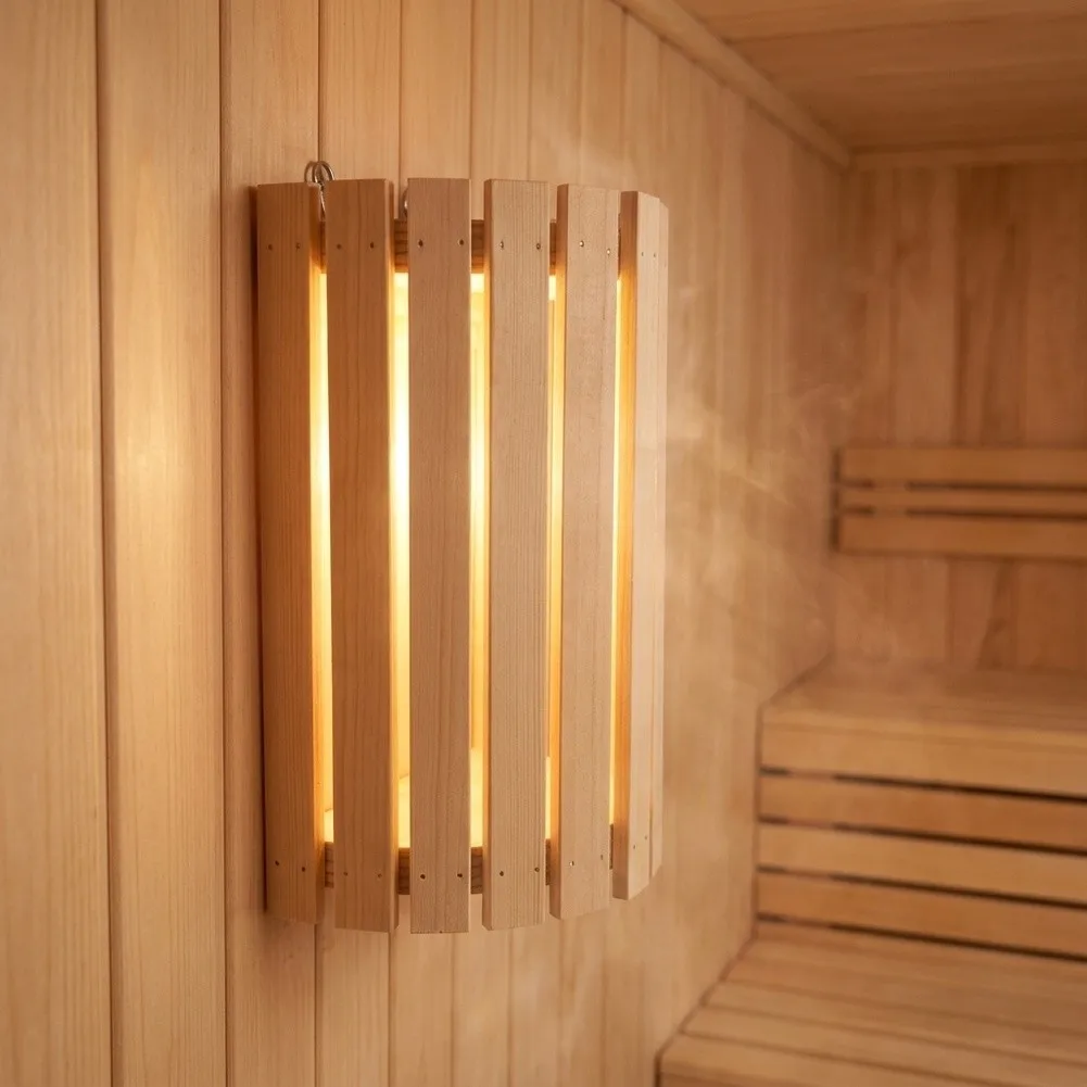 for Steam Room Light Shade Made of Wood in Semi-Cylindrical Format for Sauna Light Fixture Integration and Rustic Appeal