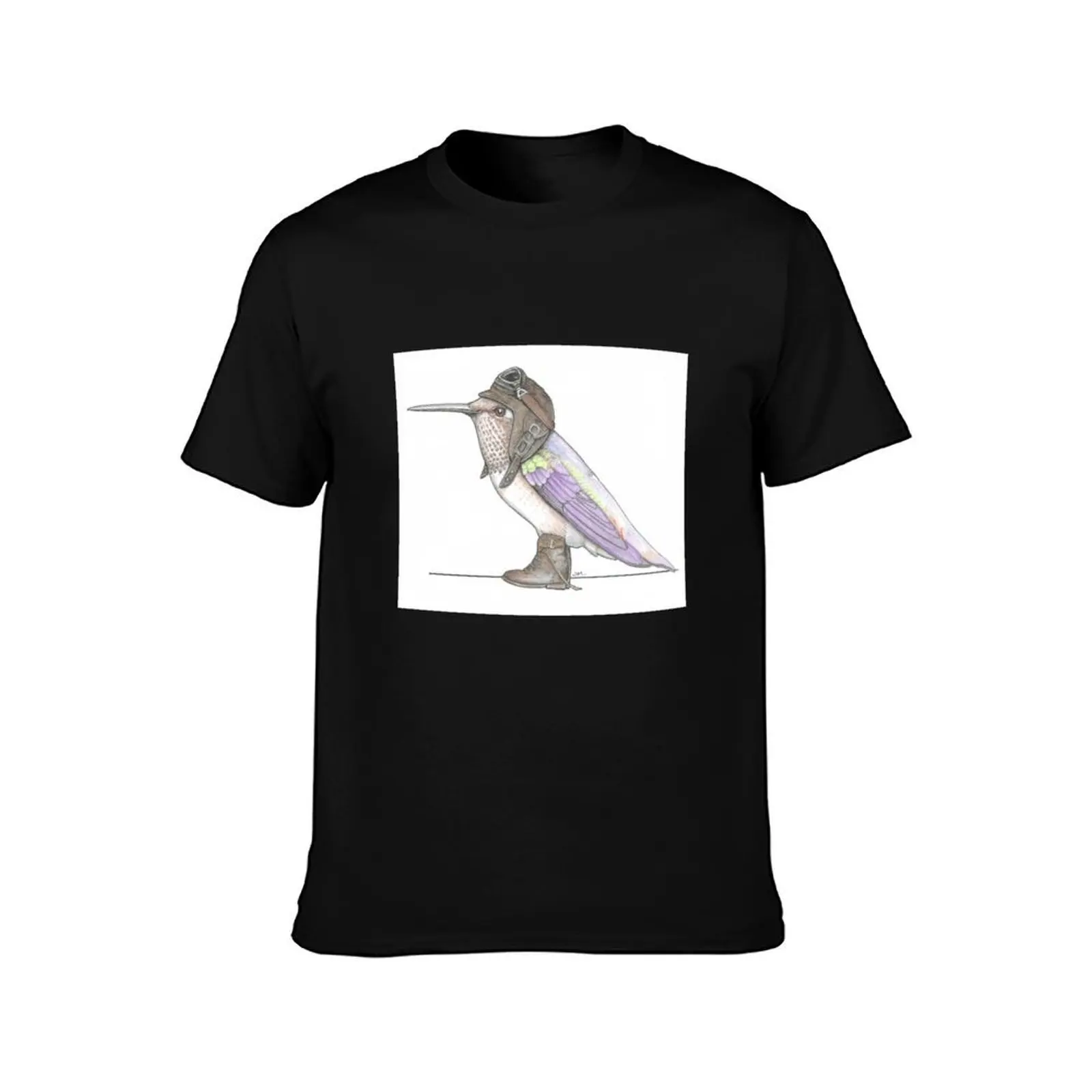Rufus Hummingbird in Vintage Flight Boots T-Shirt, Summer Casual Cotton Tee, Oversized Streetwear Tops, Vintage Graphic Print