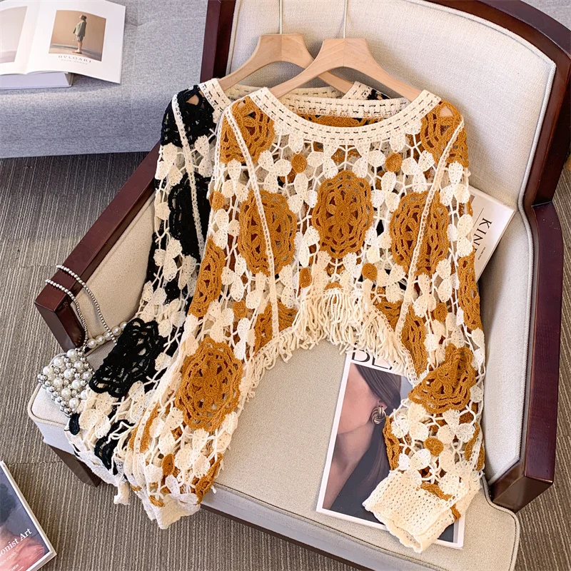 

Вязаный длинный свитер в стиле ретро в стиле ретро Ne, повседневный свитер с накидкой для женщин, пляжный топ с кружевной отделкой, свободный крой, слей