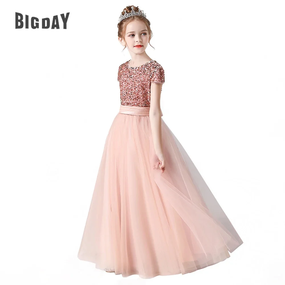 Elegant Girl Dresses O-Neck Short Sleeves Pleat Sequined Bow Zipper Back Belt Tulle Kids' Dresses For Formal Party Customized