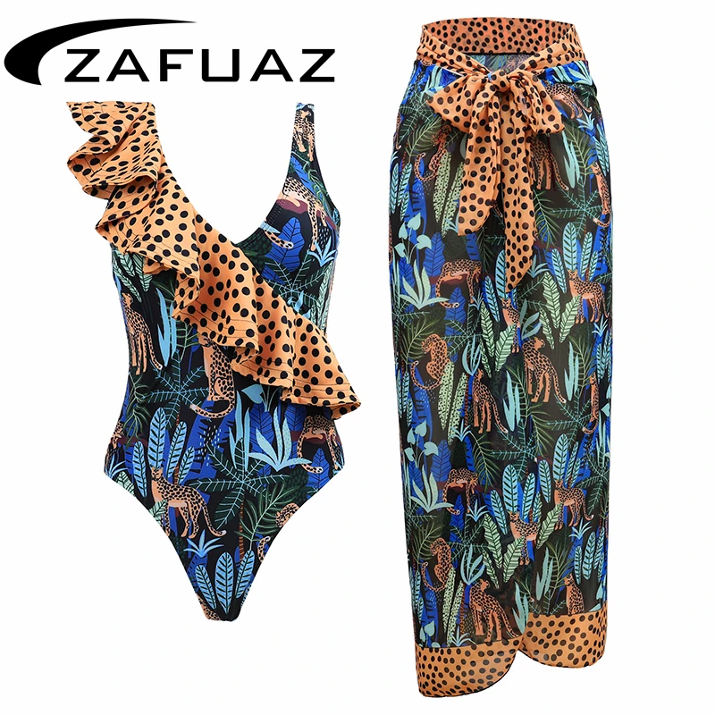 ZAFUAZ Women One Piece Swimsuits 2024 Ruffle Swimwear Printed Beachwear Cover Up Bikini Set Bath Suit Skirt V-Neck Belt Monokini