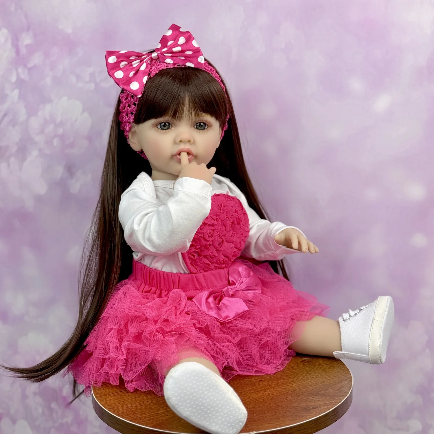 BZDOLL 55CM Full Vinyl Body Reborn Baby Doll Toy Dress Up Long Hair Princess Toddler with Pink Dress Suit Birthday Gift Bath Toy