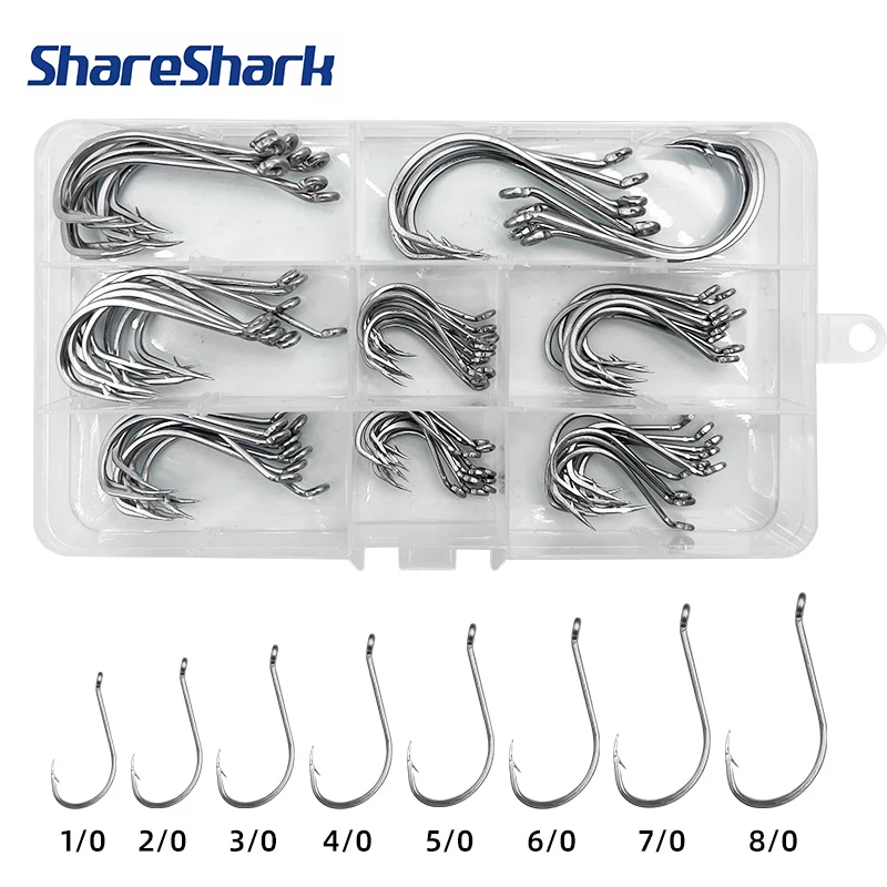 Shark Angelhaken-Set aus Edelstahl 34007, mit Widerhakenrohr, Seepferdchenhaken mit langem Griff, Meeresangelhaken, gerade Haken