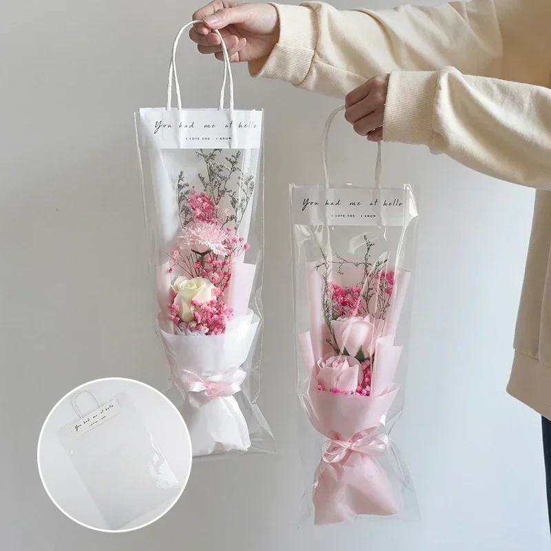 5/10pcs Flower Wrapping Bags Transparent Flower Packaging Gift Packing Bags with Handle Wedding Birthday Candy Flowers Box Decor