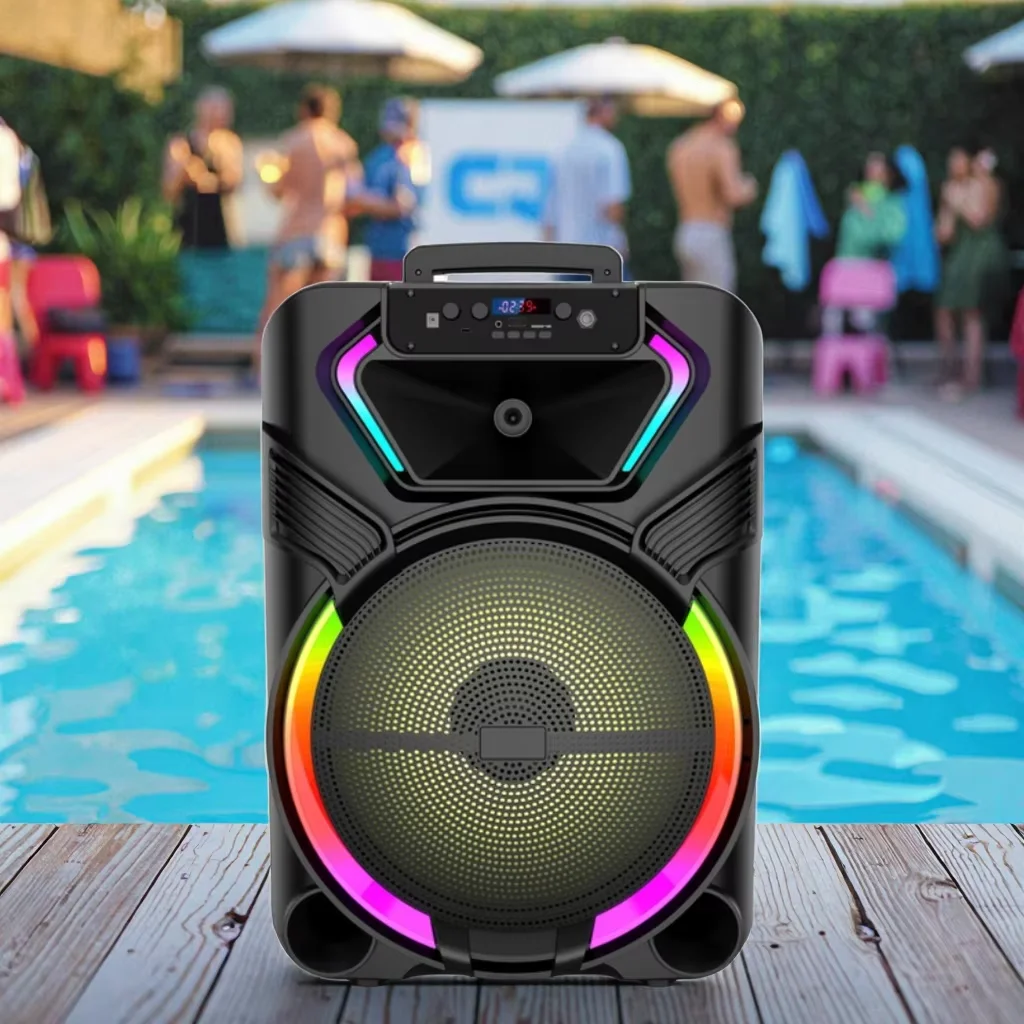 15 Inch Wireless Party Box Speaker with RGB LED Lighting USB Communication FM Waterproof Features Power Source Battery