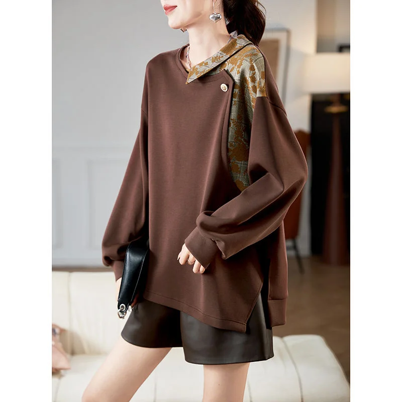 Felpa stile scozzese jacquard da donna nella primavera e nell'autunno 2025 Nuovo top ampio e versatile che copre la pancia