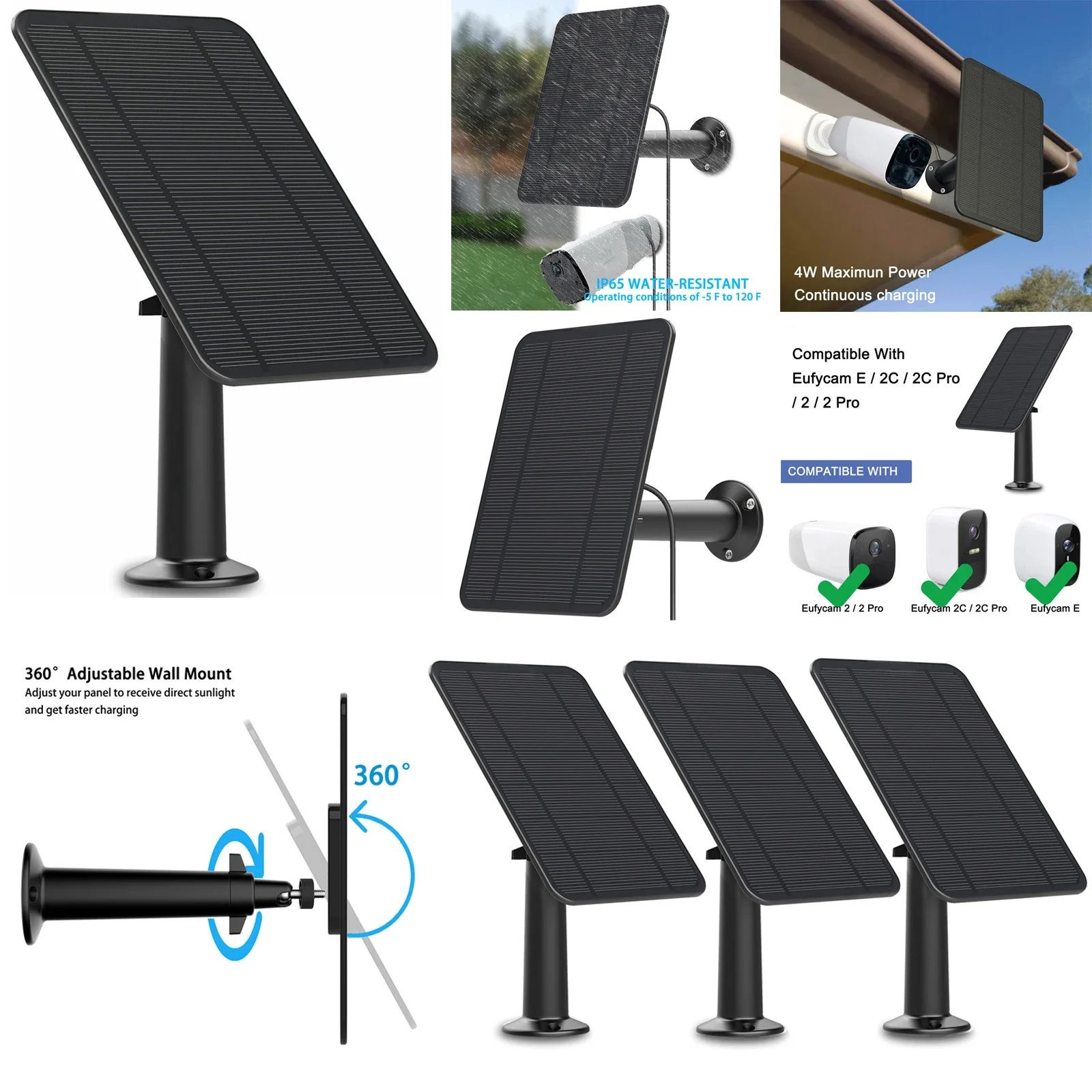 4w Solar Panel for eufyCam eufy Cam 2/2C/2C Pro/E/2 Pro/SoloCam E20 E40 Mount 13ft Power Cable (black)