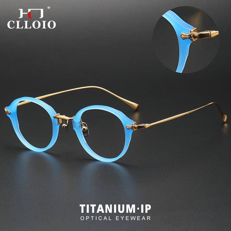 CLLOIO Women Pure Titanium Acetate Luxury Frames Blue Light Blocking Reading Glasses Men Retro Round Myopia Prescription Eyewear