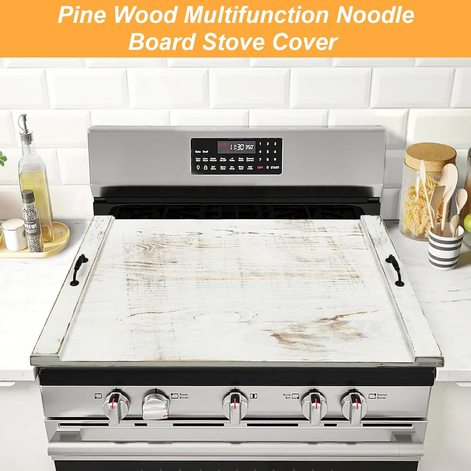 

Noodle Board Stove Cover with Handles, Pine Wood Stove Top Cover, Stove Top Cutting Board, Counter Space Top Covers for Kitchen