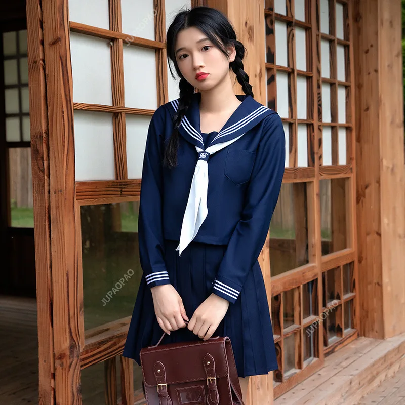 

New orthodox JK uniform black three books naval academy feng shui women's handmade clothing spring and autumn pleated skirt set