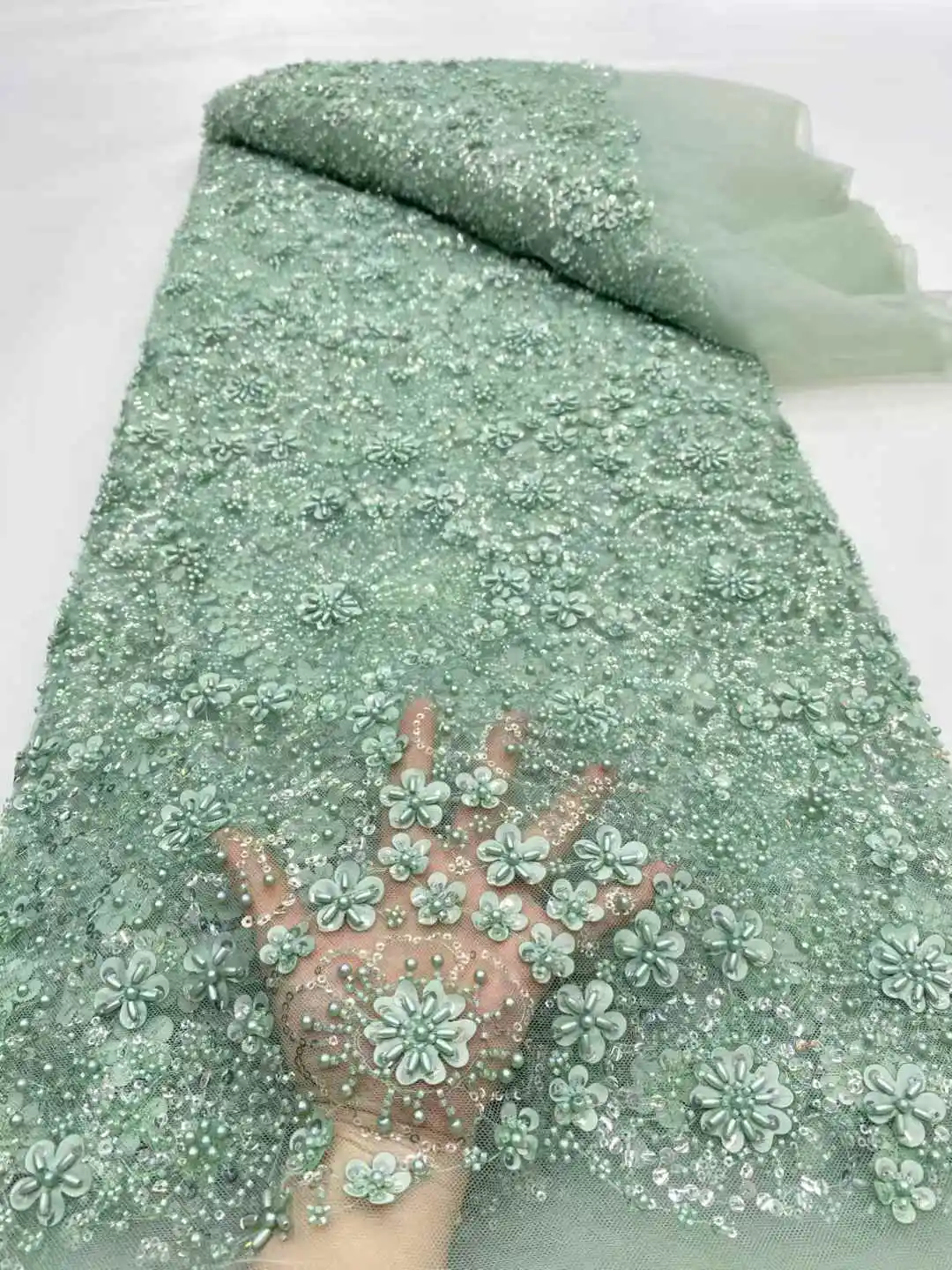 Latest French Mesh Lace Beads Fabric High Quality African Nigerian Tulle Mesh Lace Luxury Wedding Dresses For Women-DP