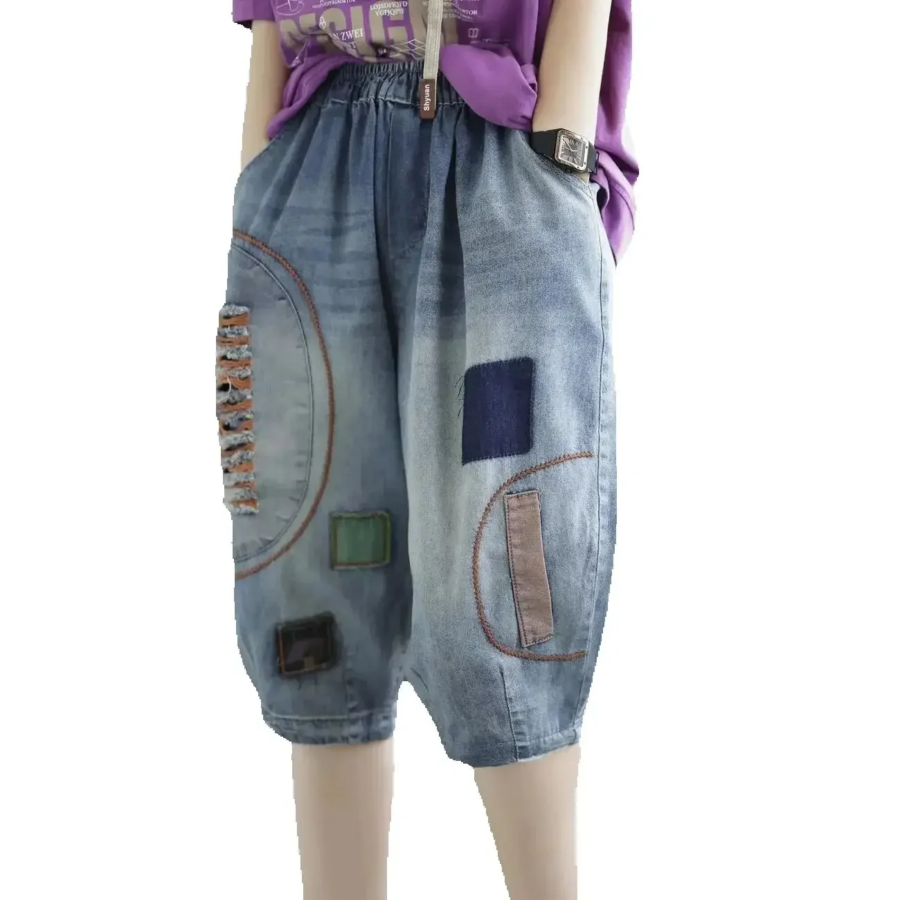 Letnie damskie szorty jeansowe z wysokim stanem, artystyczne, codzienne, luźne, cienkie, z przekłuciami, łączone, patchworkowe, z pięcioma rozcięciami, model JJ244