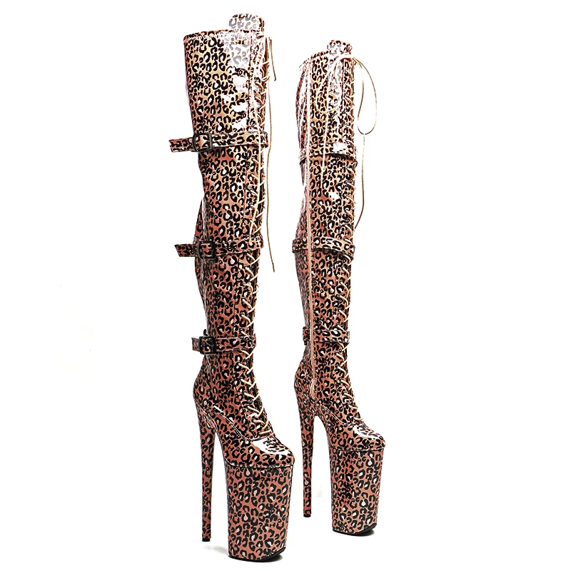 Leecabe  26CM/10inches patent Leopard print exotic High Heel platform party shoes stripper heel Pole Dance boot