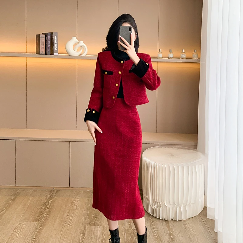 Luxury Korean Fashion Vintage Women Autumn Winter Tweed 2 Piece Set Short Coat Outwer+Casual Party Long Skirts Sets