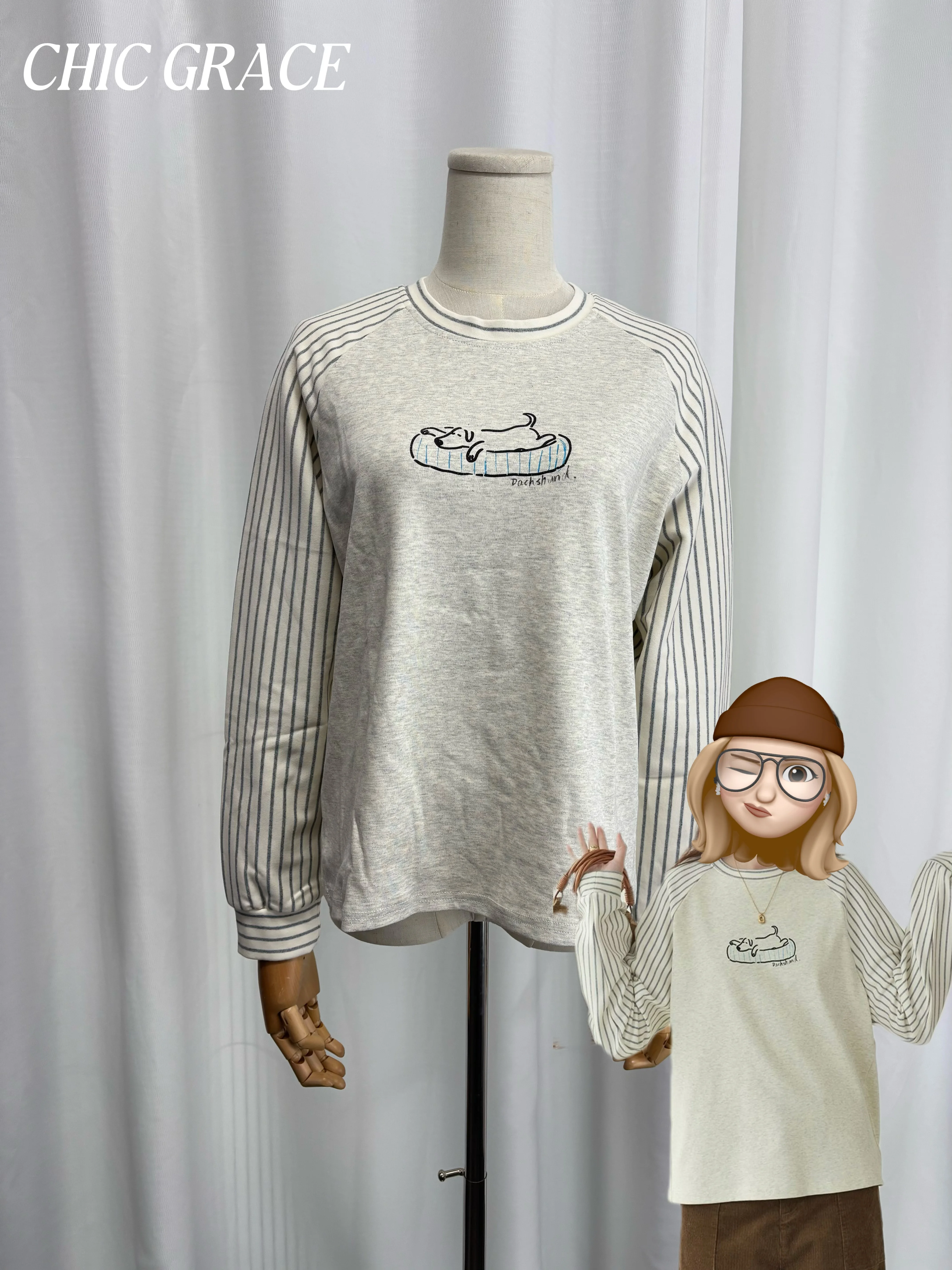 

Женская осенне-зимняя новая свободная повседневная футболка с вышивкой милой собаки, в полоску, с рукавом реглан, круглым вырезом, в стиле колор-блок, длинный рукав (реальные фото)