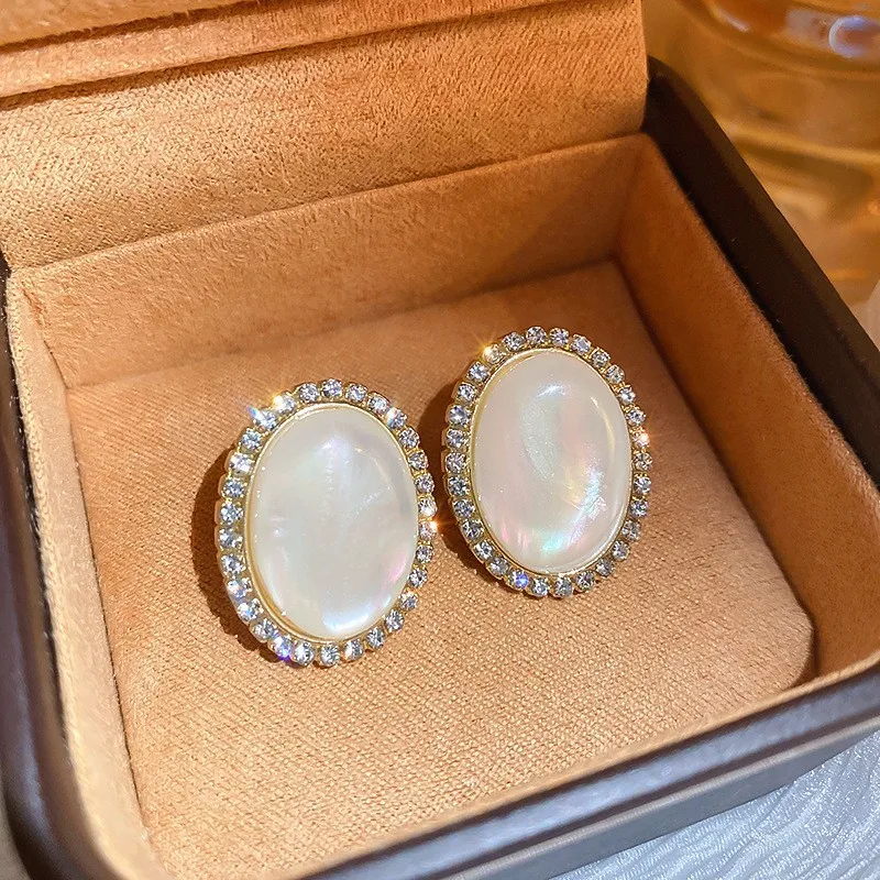 Vintage Big Oval Opal Earrings For Women Gold Color Korean Fashion Jewelry 2026 Trending Luxury Crystal Stud Earrings 2Z40