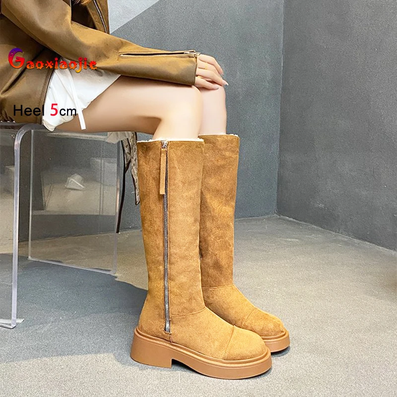 

Женские зимние ботинки на толстой подошве 5 см, классические плюшевые зимние ботинки для женщин, утепленные пуховые ботинки из коровьей замши, теплые уличные высокие сапоги, размер 42