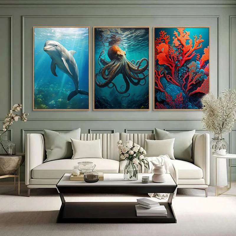 1pc frameless Canvas Painting  1pc frameless Canvas Painting Vintage Scuba Diver Octopus Dolphin Treasure Chest Poster Canvas Pa