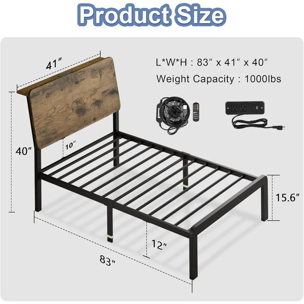 Twin Bed Frame with LED Lights, Storage Headboard & Charging Ports, Easy Assembly, Rustic Style