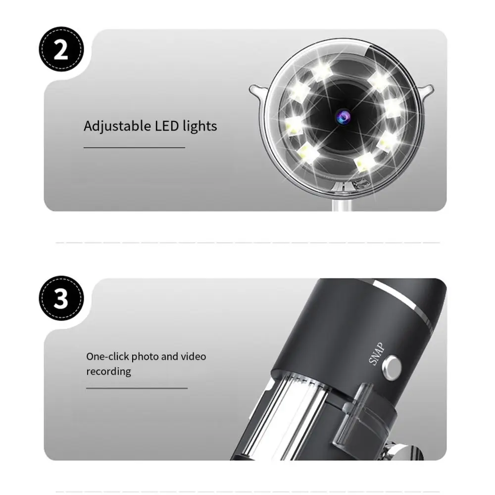 3 in 1 USB Digital Microscope 1600X/1000X/500X 8 LED Lights Handheld HD Inspection Camera Multi-use Portable