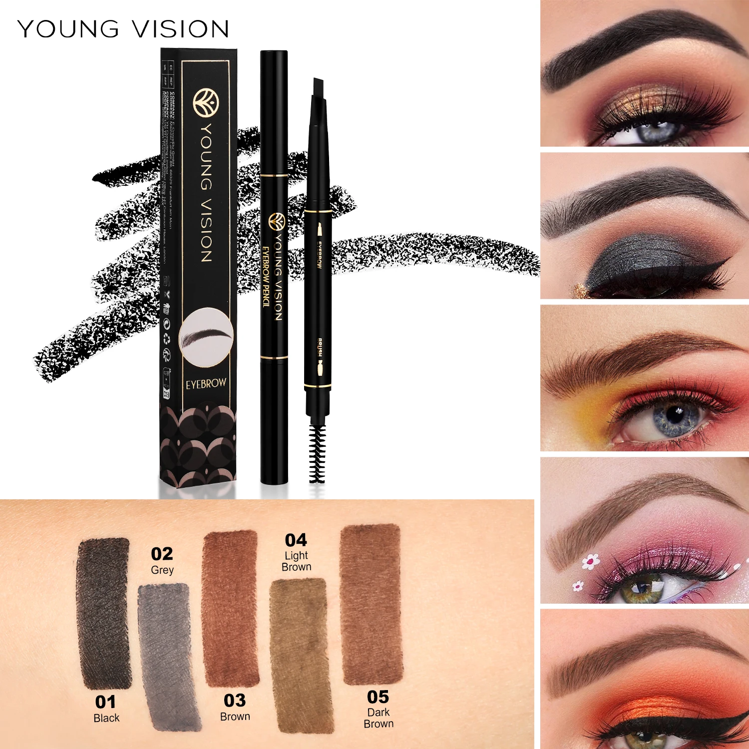 YOUNG VISION Five-Color Spiral Eyebrow Brush & Pencil Dual-Ended Twist-Up Waterproof Smudge-Proof Triangular Eyebrow Pencil