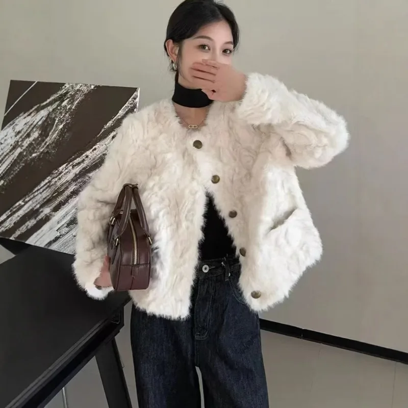 

Eco-friendly Fur Round-neck Single-breasted Short Coat Women New Fashionable and Elegant Autumn Winter Coat Floral Fox and Mink