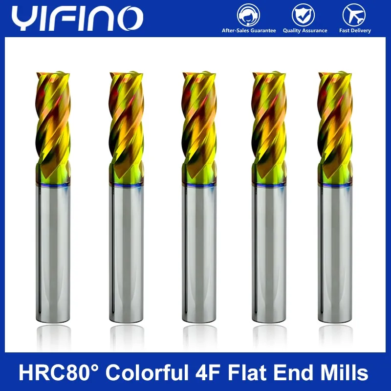 

YIFINO CNC Machining Tools HRC80 High Hardness Milling Cutter 4-Flute Tungsten Steel Carbide Colorful Coating Flat End Mills