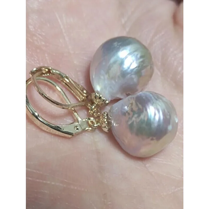 

Nice AAA A+ 12-14mm natural south sea baroque women's pearl earrings 14k Gold