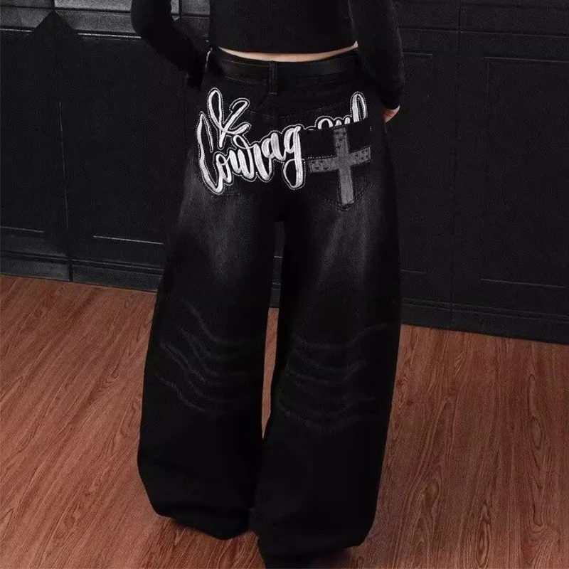 Goth Letter Printed Black Curved Denim Trousers For Men Y2K Vintage Streetwear Straight Jeans Hip Hop Fashion Baggy Jean Pants