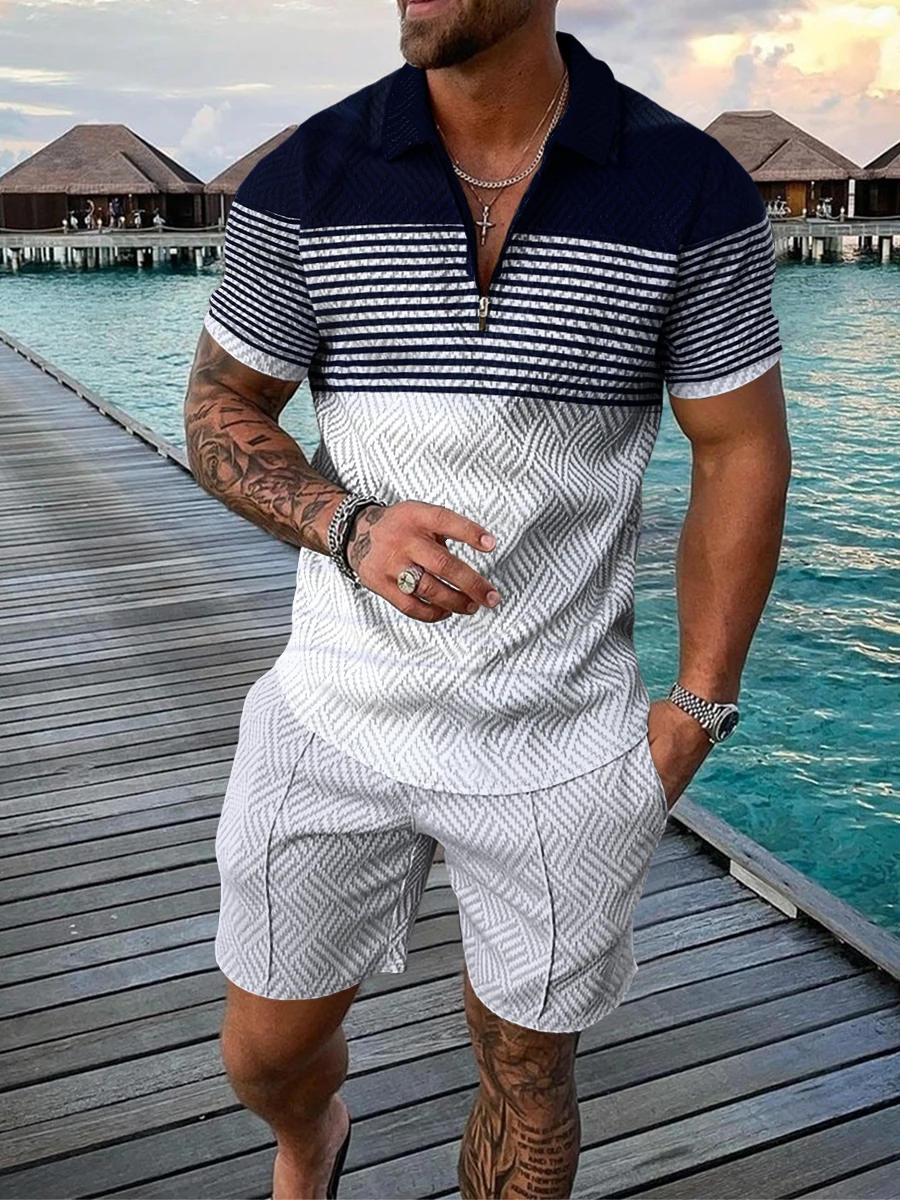 2023 New Summer Men\'s Shorts Set Short Sleeve Zip Polo Shirt Street T-shirt Two Piece Casual Sportswear