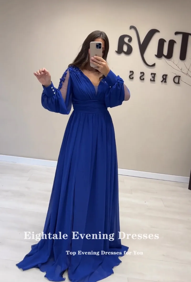 Eightale Royal Blue Evening Dress for Wedding Party V-Neck Lace Customized Long Sleeves Chiffon Plus Size Prom Gown