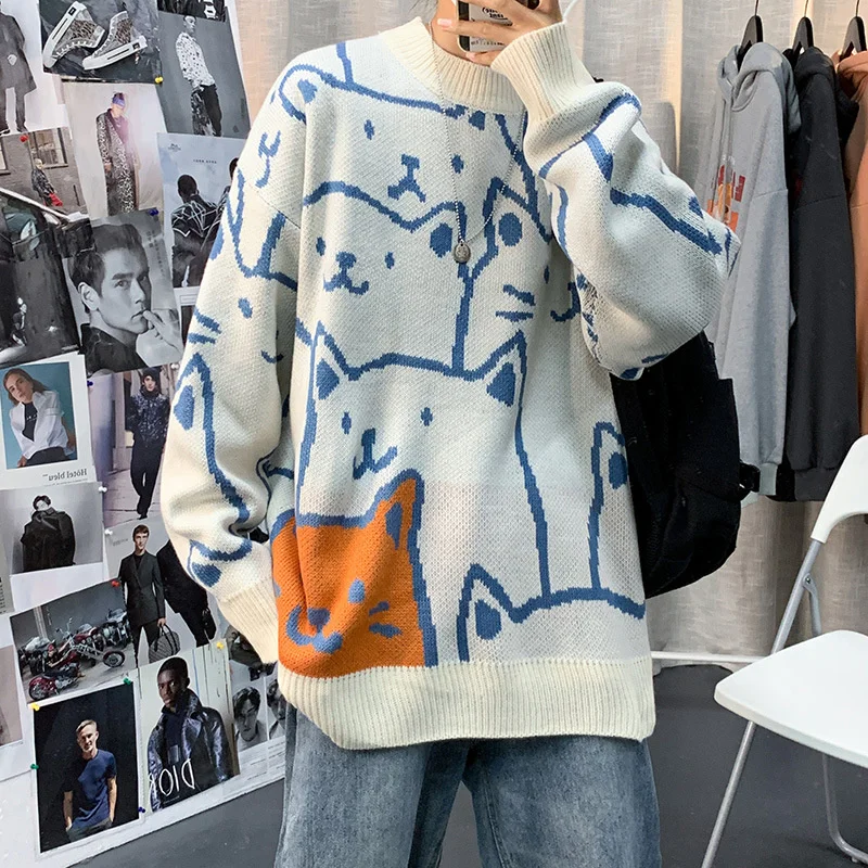 Autumn Men Casual Sweaters Harajuku Oversized Loose Knitted Wear Cute Cartoon Cat Full Pattern Pullovers Teen Boys Clothing