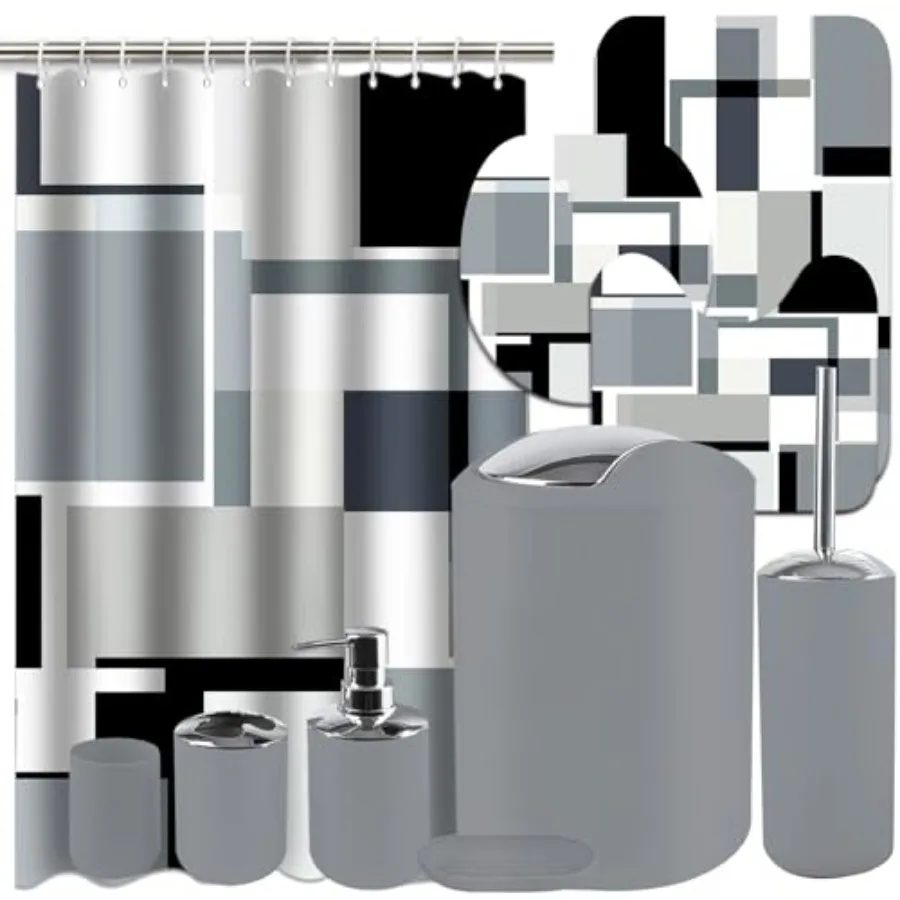 

Grey Black Bathroom Set, 22-Piece Grey Black Geometry Bathroom Decor Set with with Shower Curtain and Rugs, Trash Can, Toilet B