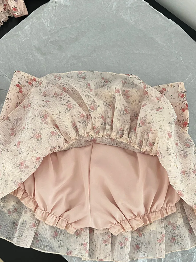 Conjunto de 2 piezas de ropa estética de los años 2000, camisetas de encaje rosa, manga abombada + falda de línea a Floral, estilo bohemio coreano