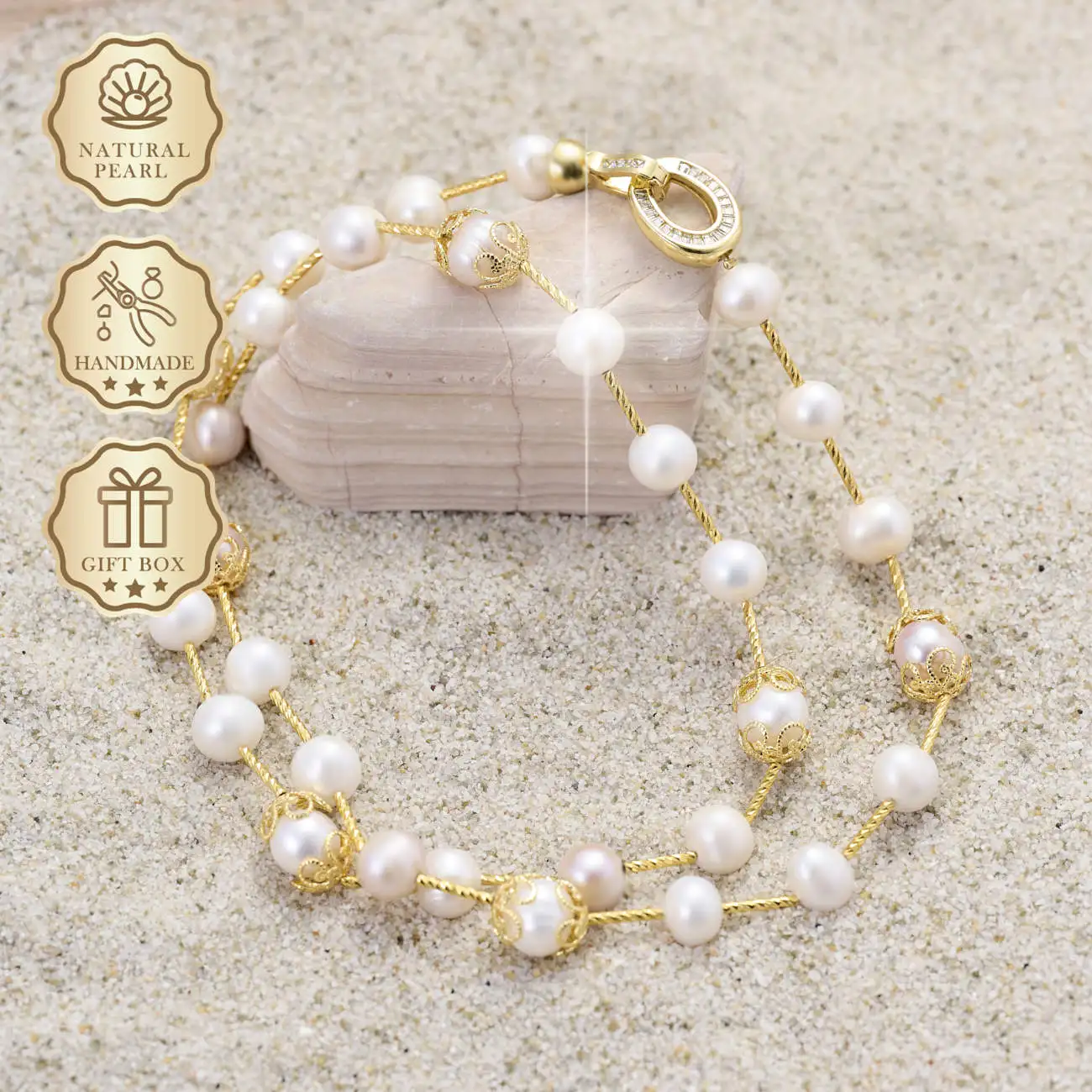 

MYSOYA White Freshwater Pearl Bracelet & Necklace, 10–11mm Pearls with Gold Accents & Oval Clasp, Gift Box, Birthday Gift