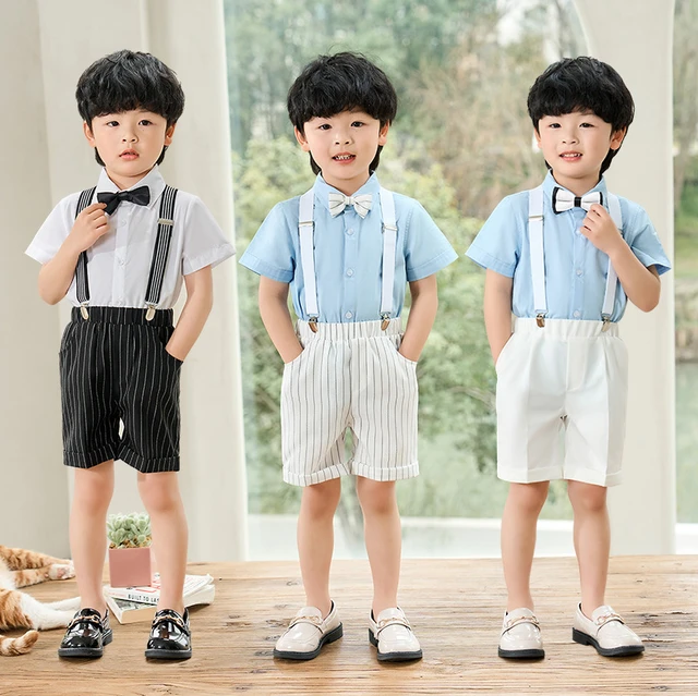 Boys Short sleeved Shirt Straps Shorts Suit Children s Kindergarten Chorus Host Party Dress Costume Kids Summer Clothing Set