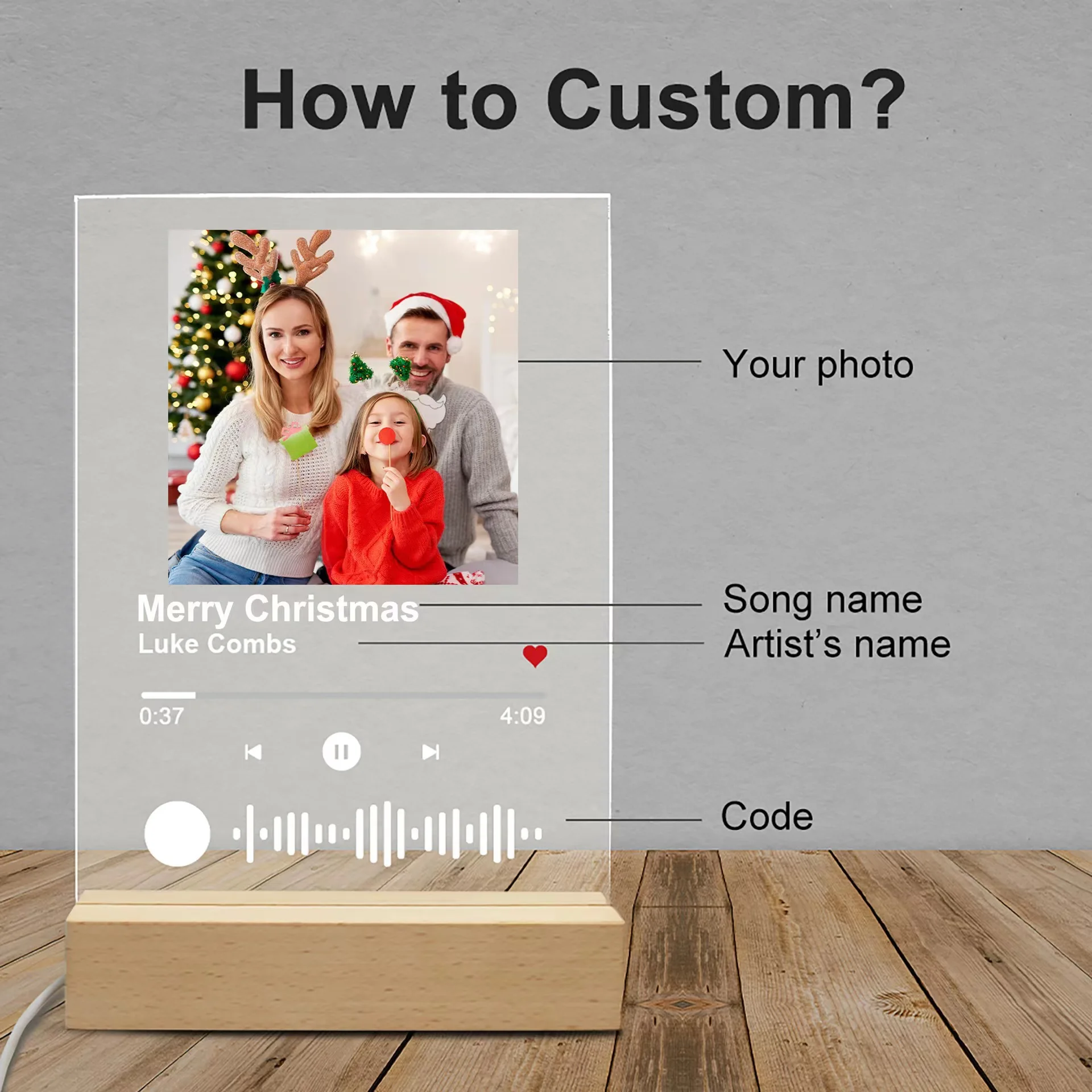 Custom Personal Photo Acrylic Board Personalized Spotify Music Codes Plaque LED Night Light Gift Couple Decoration Bedside Lamp