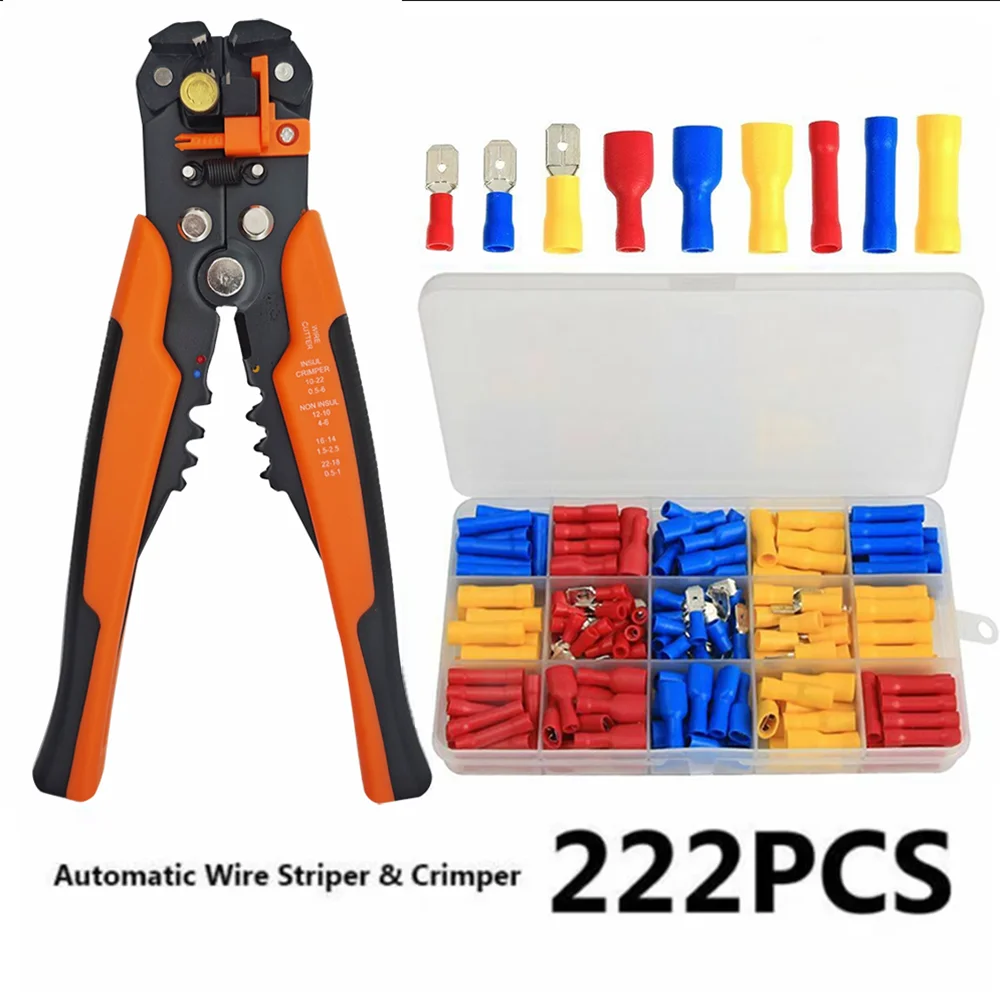 

222Pcs Insulated Wire Electrical Connectors Kit Spade,Butt Crimp Automotive Cable Terminal and Wire Stripper/Wire Crimping Tool