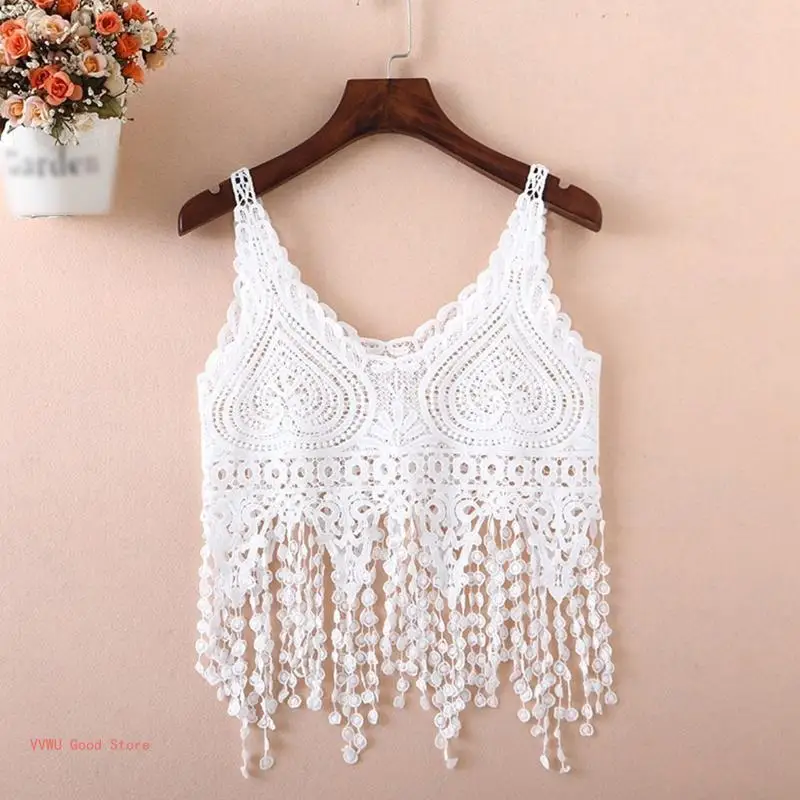 Women Hollow Crochet Crop for Tank Top Knit Lace Long Tassel Sheer Beach Cami Ve